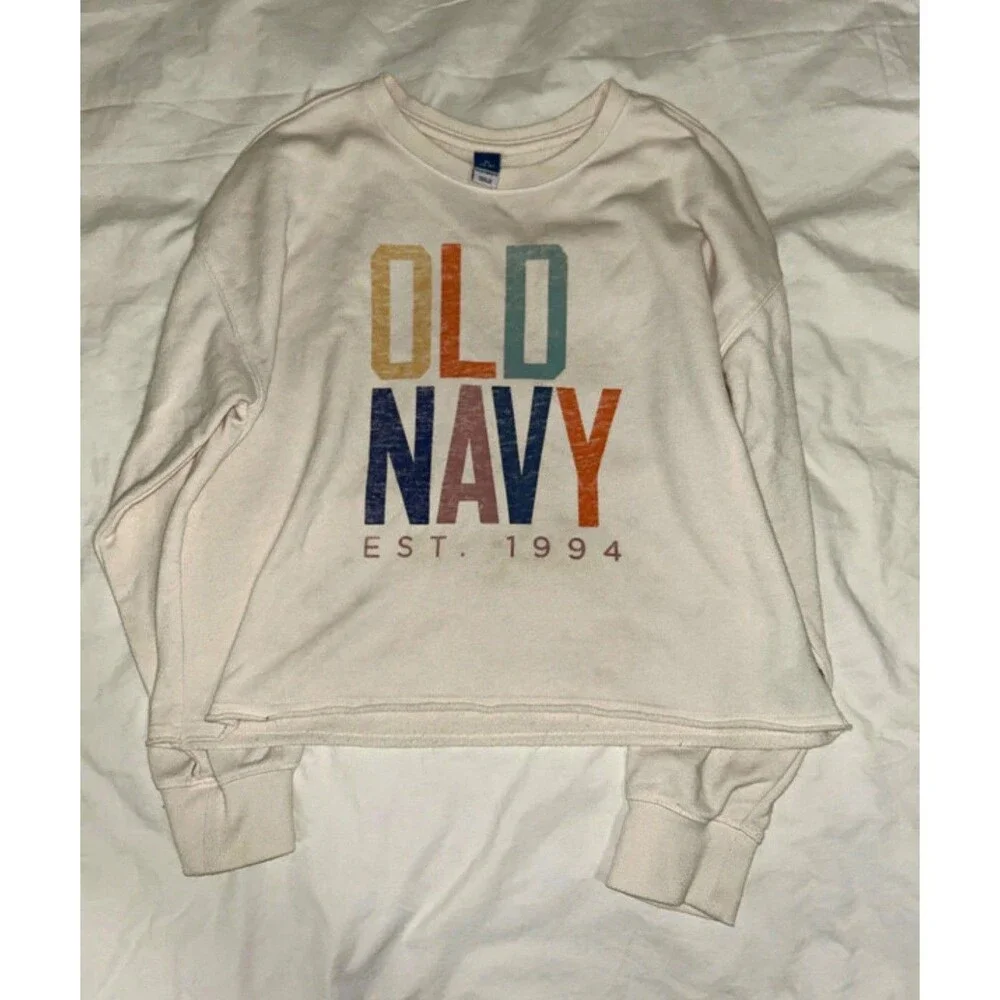 Old Navy Girls 14-15Y White Crewneck Pullover Sweatshirt Graphic Logo LS